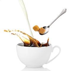 Cup of coffee with splash, isolated on white
