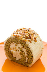 Roll coffee cake isolated on white background