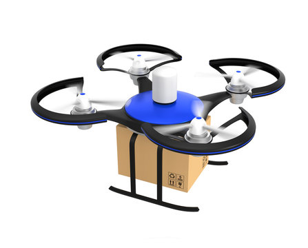 Air drone with carton package isolated on white background