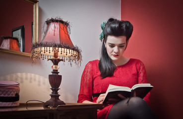 Fashion girl with white makeup and retro dress