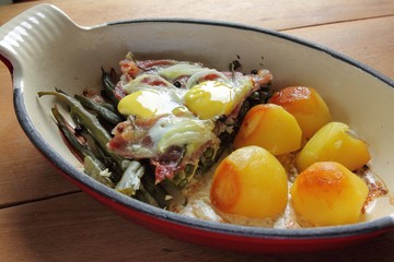 Eggs and bacon on beans.