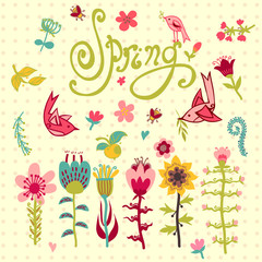 Fototapeta na wymiar Set of different spring vector flowers with lettering