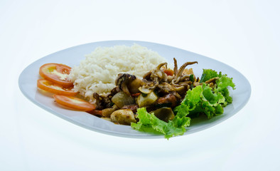 Fried rice squid salted egg on white dish