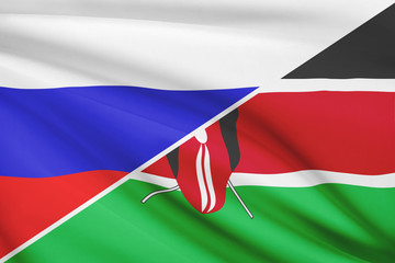 Series of ruffled flags. Russia and Republic of Kenya.