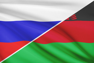 Series of ruffled flags. Russia and Republic of Malawi.