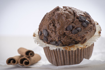 Homemade chocolate muffin with cinnamon stick on the side