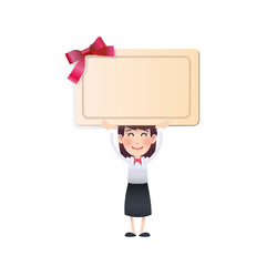 business girl with Invitation card over white background