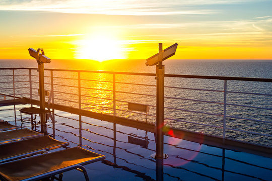 Deck of cruise ship shining by morning sun