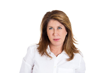 Headshot daydreaming, mad, skeptical woman white background  