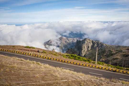 Road and beautiful mountain scenery in the sunny day, Madeira