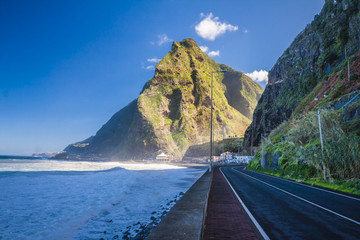 Road and beautiful mountain scenery in the sunny day, Madeira