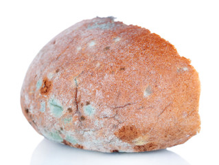 Mouldy rye bread, isolated on white