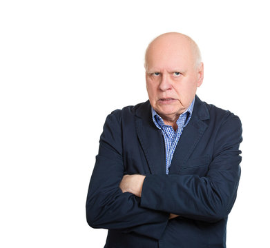 Pissed off older man, grumpy full of anger on white background