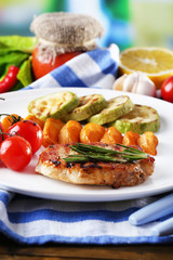 Grilled steak, grilled vegetables and fried potato pieces