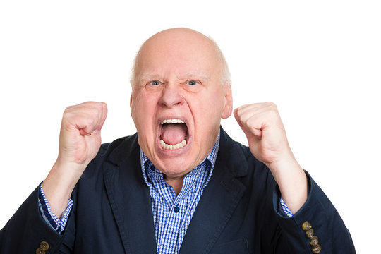 Portrait, headshot senior, old, angry yelling, screaming man
