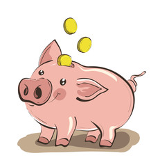 Illustration of hand drawn piggy bank with three golden coins