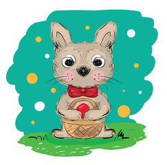 Illustration of cartoon rabbit holding easter basket with red eg