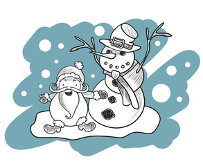 Illustration of coloring book with Santa Claus and snowman