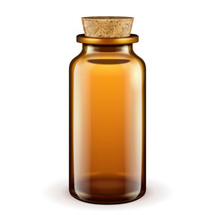 Medical Glass Brown Bottle With Cork Lid On White Background