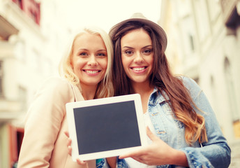 beautiful girls with blank tablet pc screen