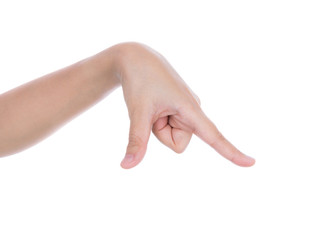 Hand pointing down touching or pressing isolated on white backgr
