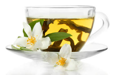 cup of green tea with jasmine flowers isolated on white