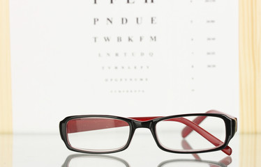 Eyesight test chart with glasses close-up