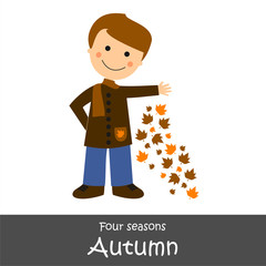 Niño vestido con ropa de abrigo jugando con hojas marrones. Ilustración vectorial de la estación de otoño