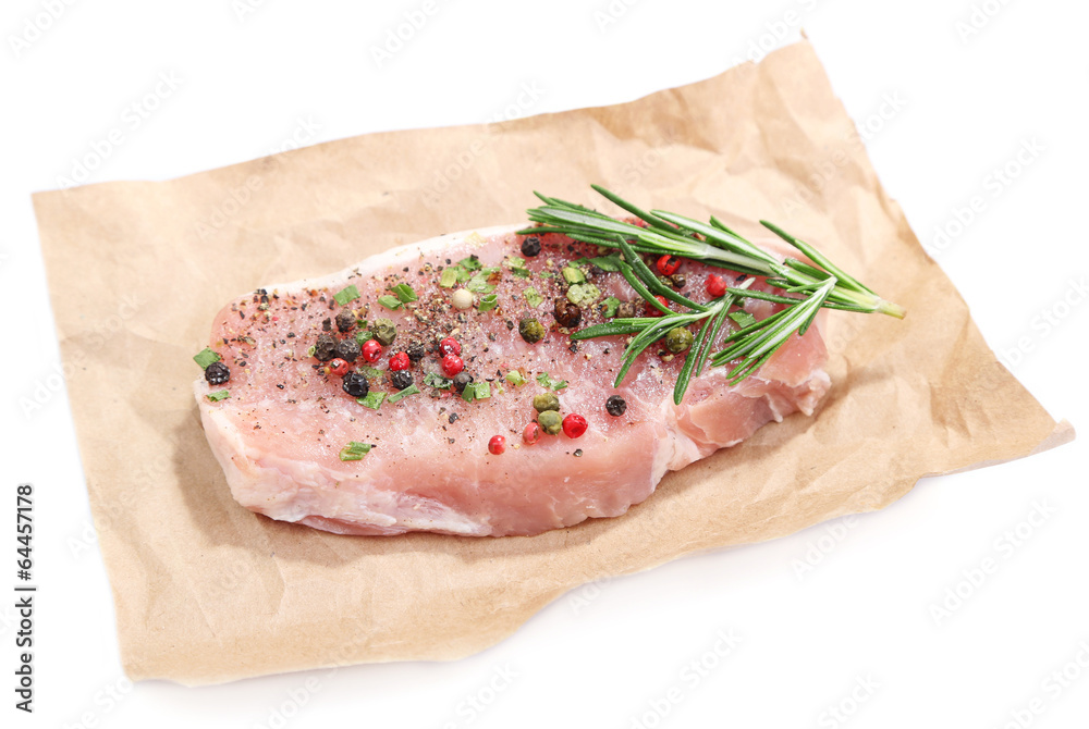 Wall mural raw meat steak with spices herbs, isolated on white