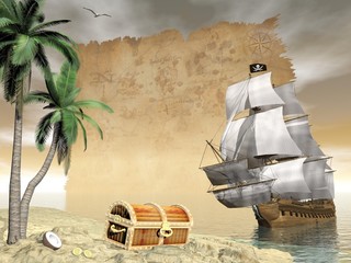 Obraz premium Piracki statek znajdujący skarb - 3D render