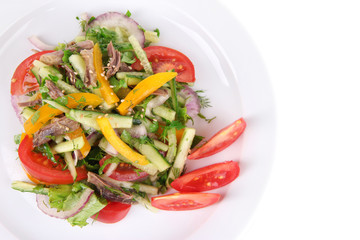 Beef salad on plate isolated on white