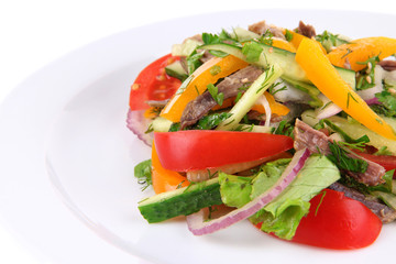 Beef salad on plate close up