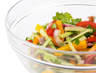 Beef salad in bowl close up