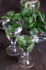 Mint in glass jar on wooden background