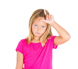 Rude bully teenager girl showing loser sign on white background 