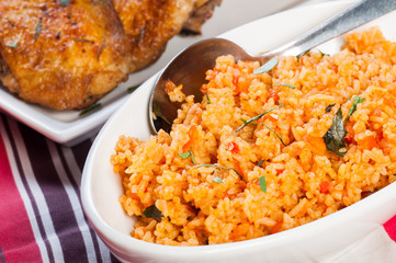 java rice with crispy herbed chicken