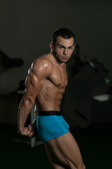 Fototapeta na wymiar Bodybuilder Performing Side Triceps Poses
