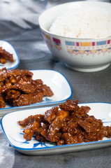 korean sweet and spicy beef strips with plain rice