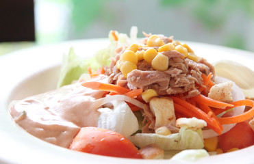 tuna and vegetable salad in dish.