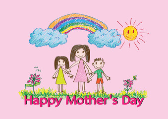 Happy mothers day card with family cartoons in illustration