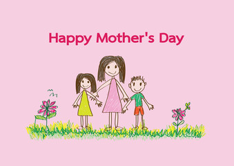 Happy mothers day card with family cartoons in illustration