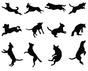 Black silhouettes of jumping dogs, vector - obrazy, fototapety, plakaty
