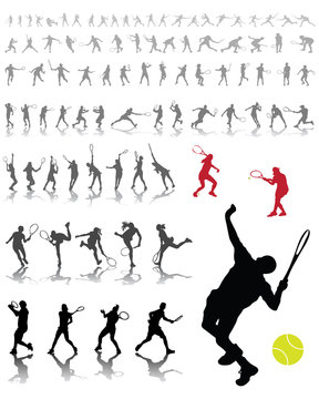 Silhouettes and shadows of tennis players, vector
