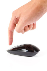 Black touch wireless modern computer mouse with finger isolated
