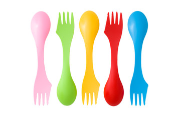 Set of plastic varicolored camping cutlery tools