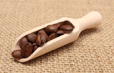 Obraz premium Heap of coffee on wooden spoon
