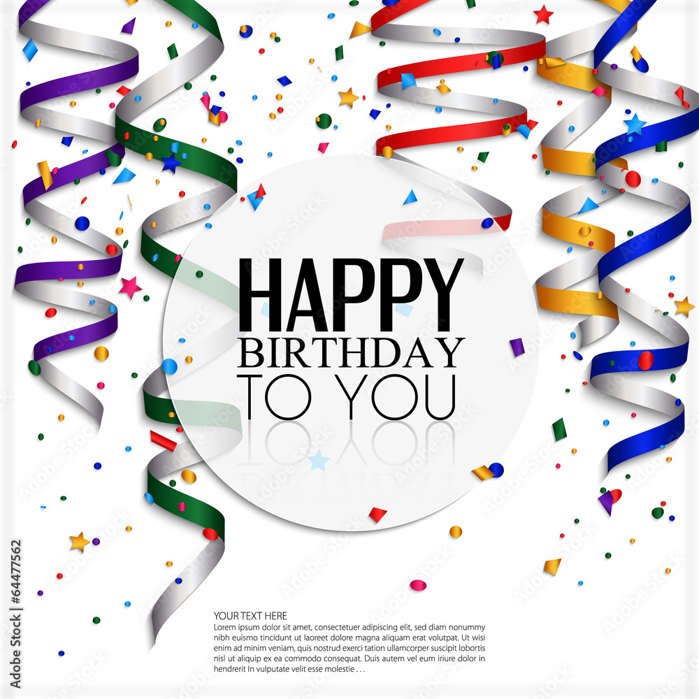 Wall mural Birthday card with curling stream, confetti and birthday text.