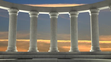 Crédence de cuisine en verre imprimé Monument historique Piliers de marbre antiques en arrangement elliptique avec ciel orange