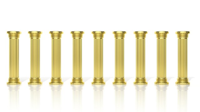 Ancient gold pillars in a row isolated on white