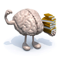 human brain with arms, legs and many books on hand